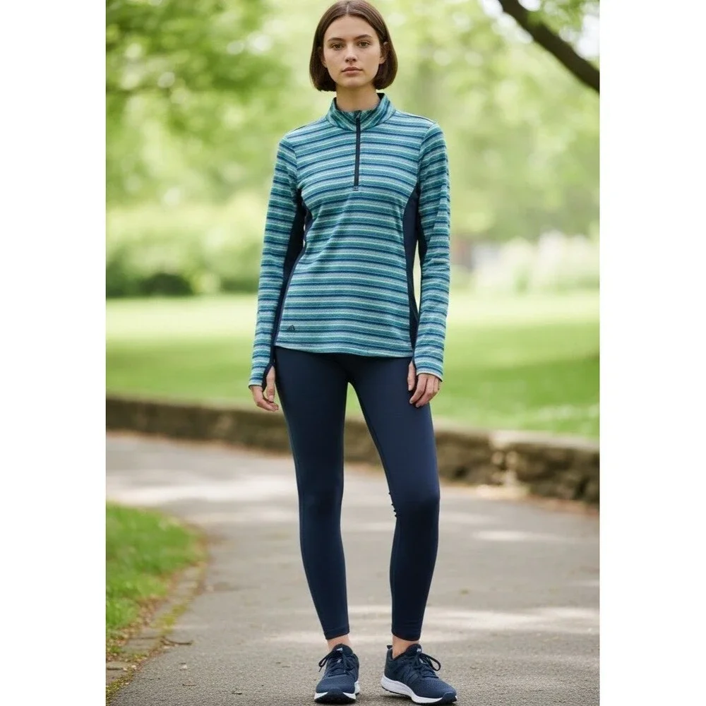 Adidas Athletic Top 1/4 Zip Long Sleeve Mock Neck Blue Teal Stripe Womens Size S
